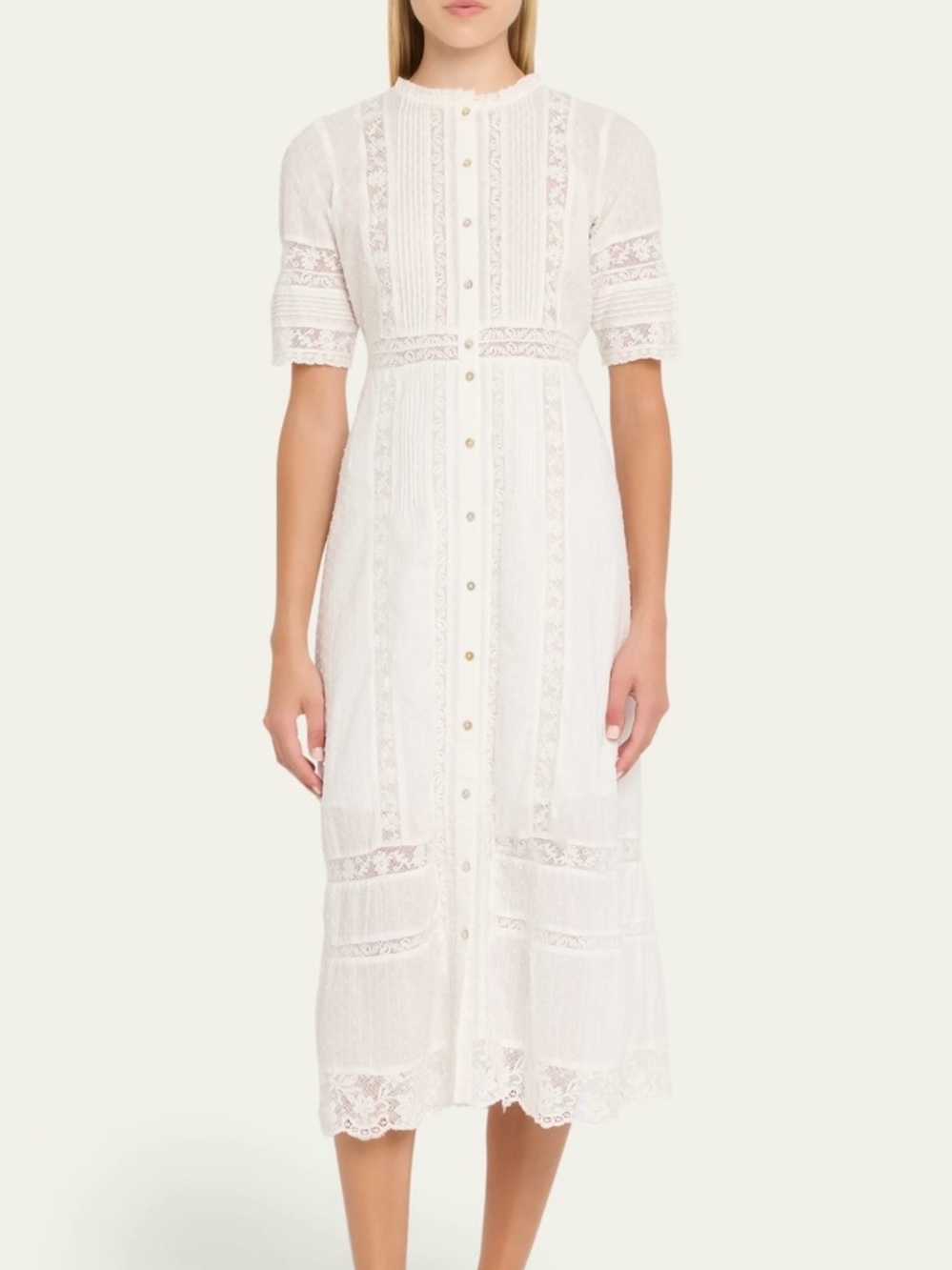 LoveShackFancy Francilla White Lace-Trim Button-Front Midi Dress size 4